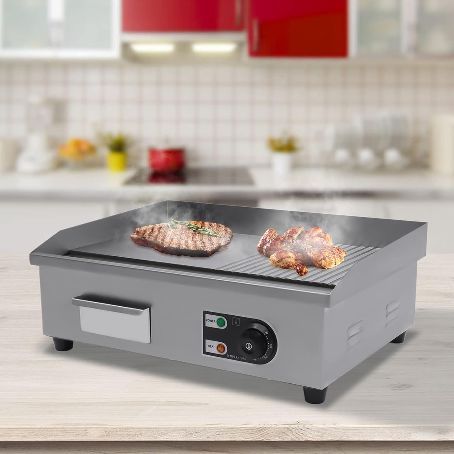 22' Commercial Electric Griddle Countertop Flat Top Griddle Stainless Steel Hibachi Teppanyaki Grill BBQ Plate 122-572℉ Adjustable Temp Control for Restaurant Kitchen,110V (1600W-1)