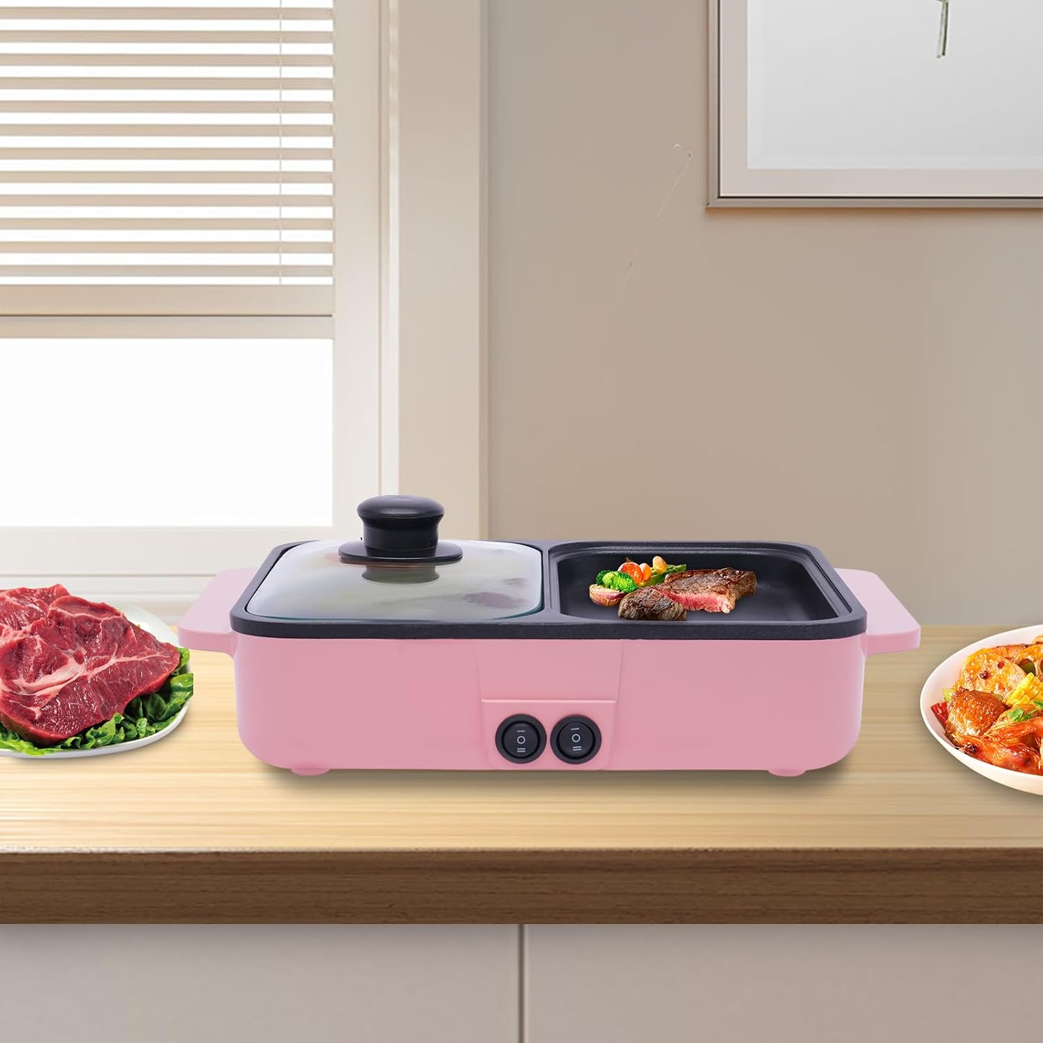 2 in 1 Portable Electric Indoor Nonstick Grill for Steaks, Shabu Shabu, Noodles, Simmer and Fry, Korean BBQ Grill Mini Shabu Shabu Hot Pot BBQ Grill Kitchen Smokeless Shabu Cooking Pan