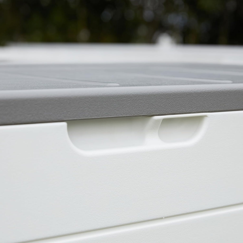 Mrosaa 110 Gallon Deck Box Waterproof,Double-Wall Resin Outdoor Storage Boxes, Deck Storage for boat slip storage,Cushions, Pool Float, Garden Tools,Patio Furniture, Lockable (OFF-WHITE)