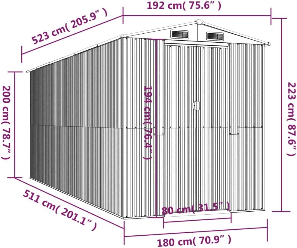 vidaXL Outdoor Garden Shed - Storage for Tools and Equipment - Galvanized Steel - Light Brown - Double Sliding Doors - 75.6'x205.9'x87.8'