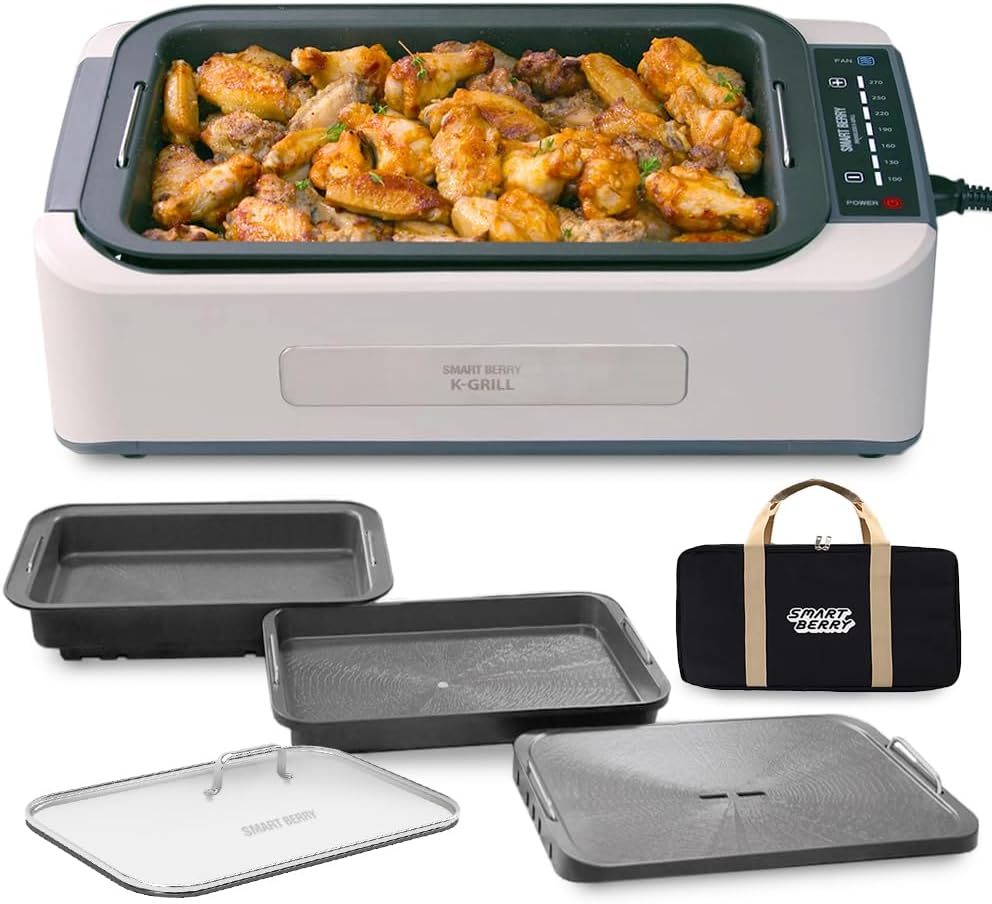 SMART BERRY 3 in 1 Smokeless Electric Indoor Grill, Nonstick Grill/Griddle Plates, hot pot, Glass Lid, Portable Korean BBQ Grill with 7-Level Control, black (HOT POT set White)