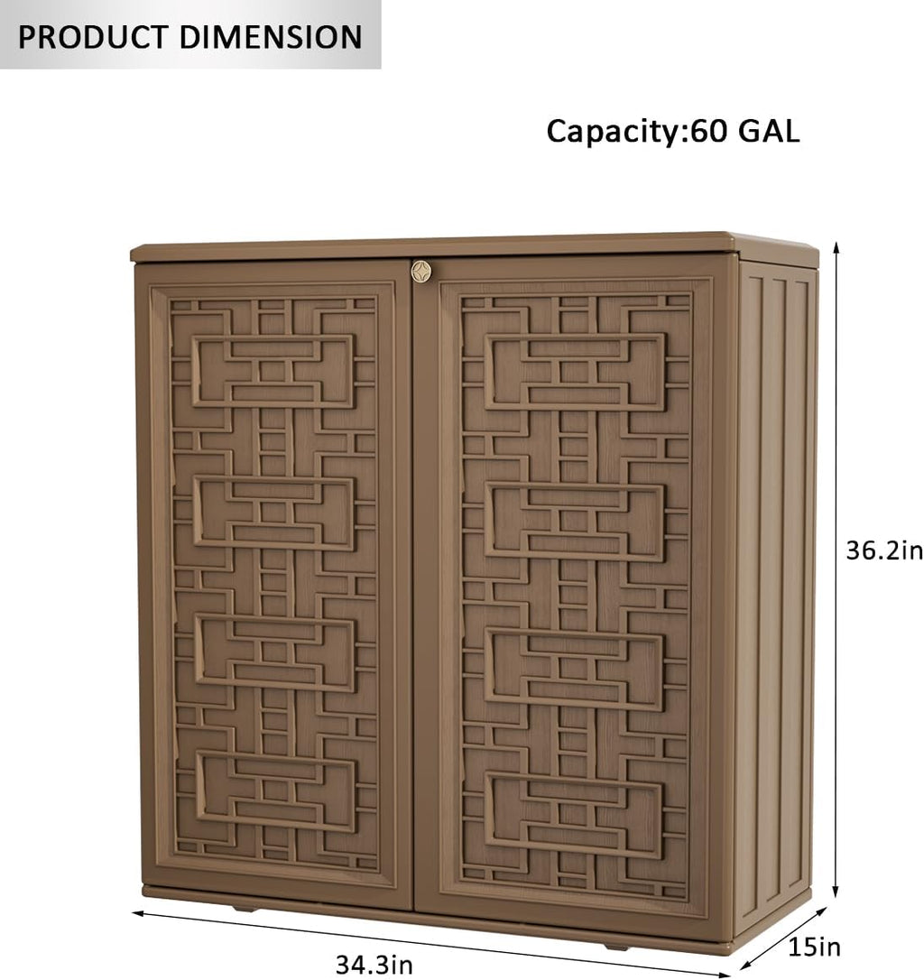KINYING Outdoor Storage Cabinet Waterproof, Resin 62 Gallon Storage Box for Patio Furniture Cushions, Garden Tools, Pool Accessories (Dark Brown with 1 Shelving)