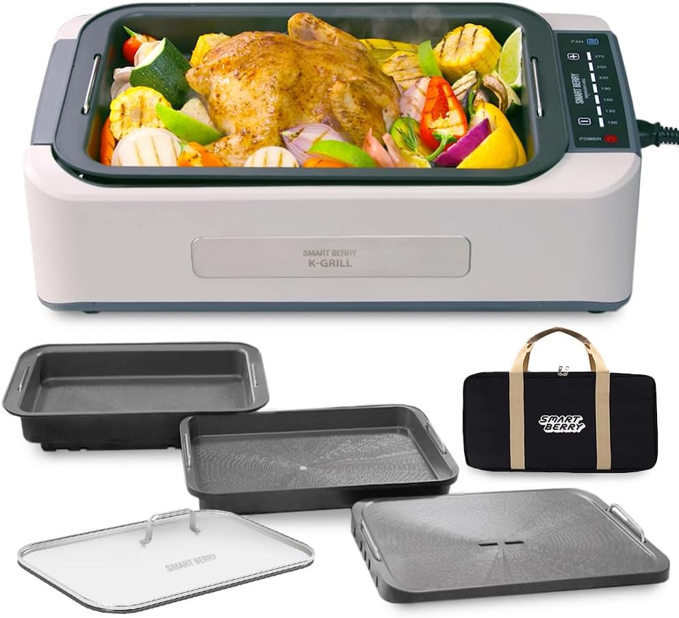 SMART BERRY 3 in 1 Smokeless Electric Indoor Grill, Nonstick Grill/Griddle Plates, hot pot, Glass Lid, Portable Korean BBQ Grill with 7-Level Control, black (HOT POT set White)