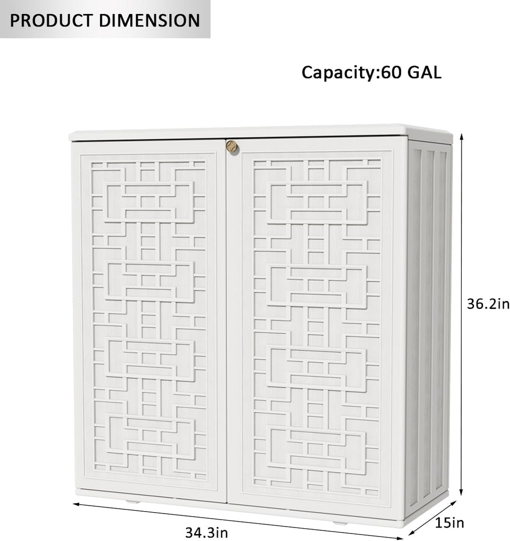 KINYING Outdoor Storage Cabinet Waterproof, Resin 62 Gallon Deck Box for Patio Furniture Cushions, Garden Tools, Pool Tools and Kids' Toys (Off White with 1 Shelving)