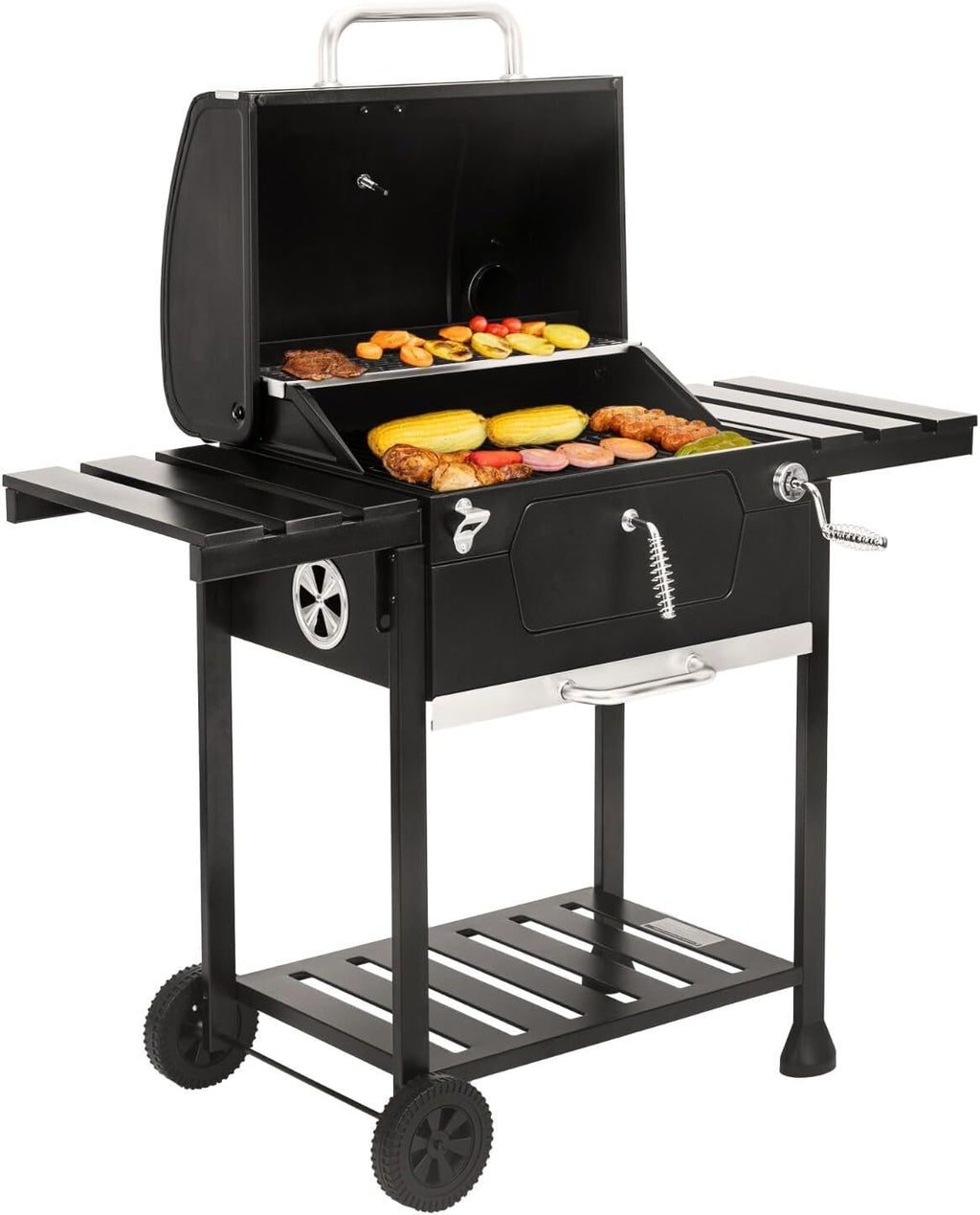 Movable Charcoal BBQ Grill with Foldable Side Tables, Black