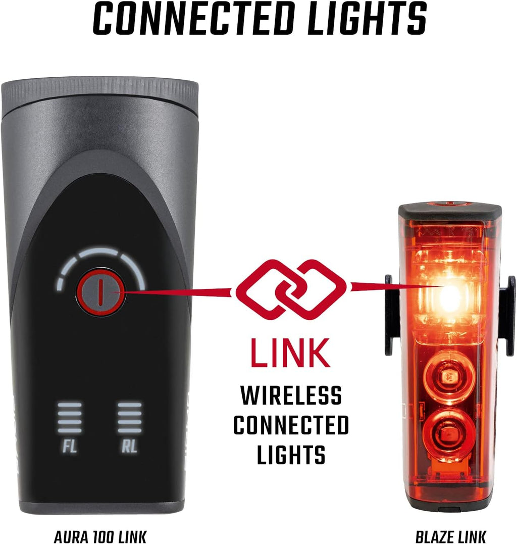 SIGMA Bicycle Light Set Aura 100/Blaze Link (Silicone Holder) Innovative Coupling Function and Automatic Light Adjustment LED Bicycle Light Front with 100 Lux Rear Light with Brake Light Function