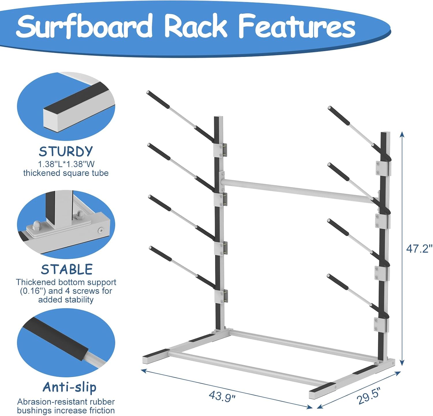 4-Tier Freestanding Surfboard Rack, Watersport Kayak and Kayaks Rack with Two Silicone Mat, Kayak Storage Rack for SUP, Surfboard, Paddle, Ski, Skateboards