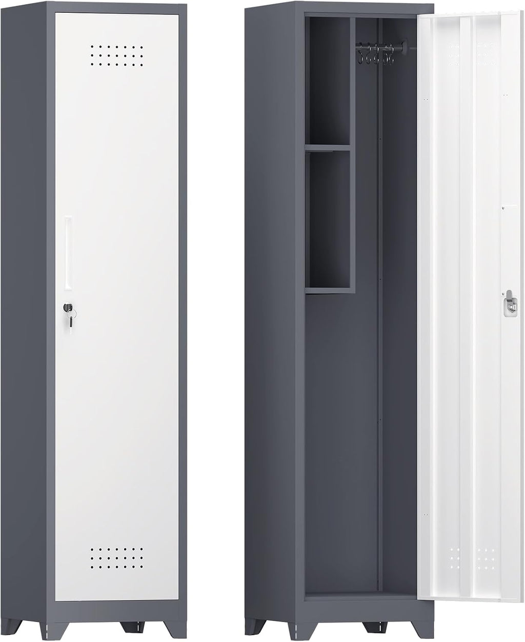 IRONFFICE Slim Cabinet,Narrow Broom Closet Storage Cabinets with Doors,Narrow Utility Closet with Hanging Rod,Slim Laundry Storage Cabinet for Garage,Living Room,Grey-White