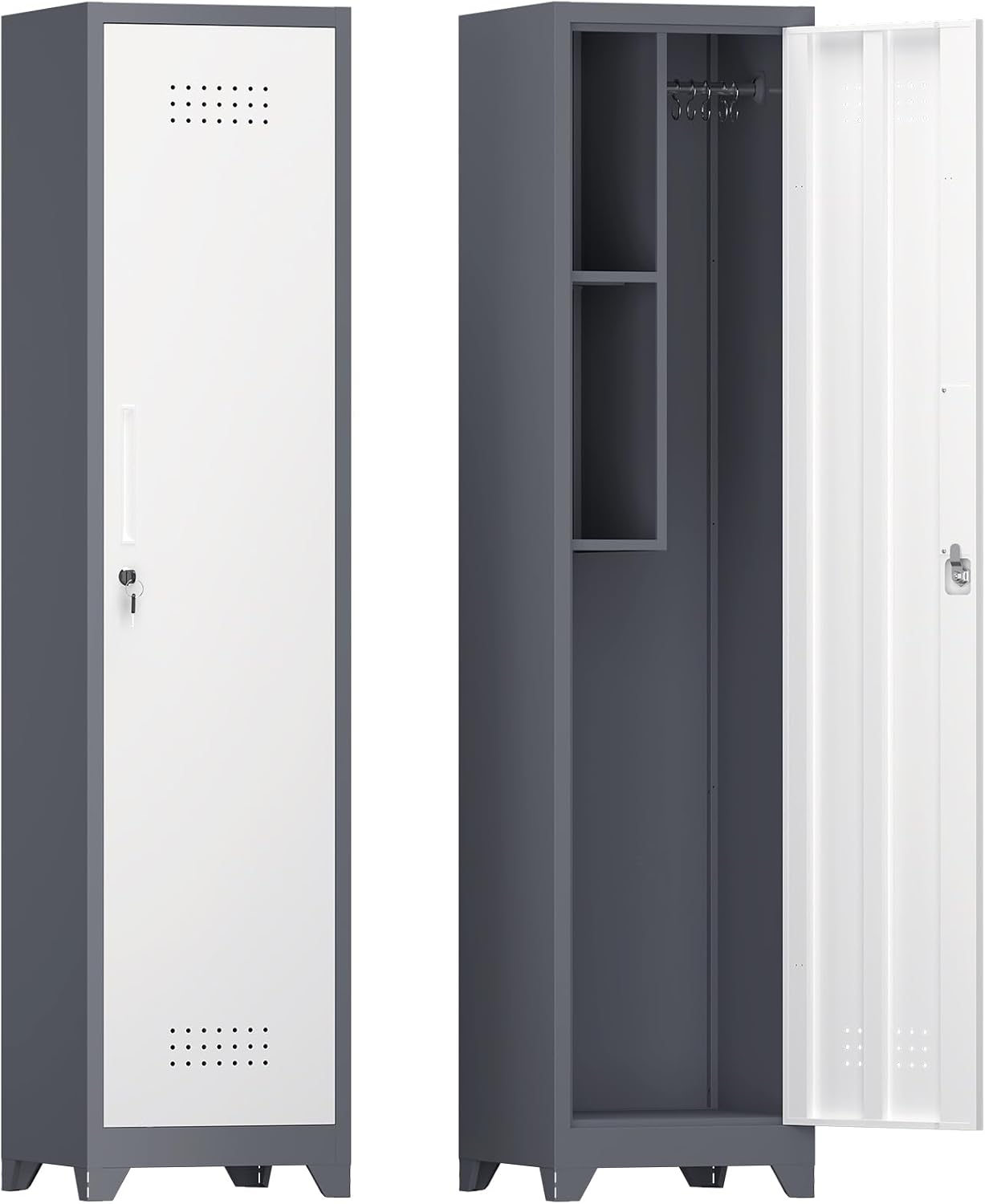 IRONFFICE Slim Cabinet,Narrow Broom Closet Storage Cabinets with Doors,Narrow Utility Closet with Hanging Rod,Slim Laundry Storage Cabinet for Garage,Living Room,Grey-White