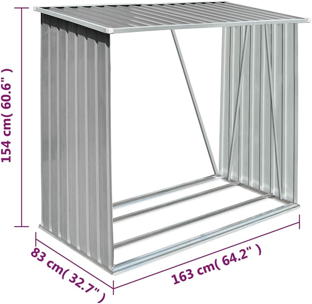 vidaXL Firewood Rack, Log Holder with Roof, Log Storage, Firewood Stand for Outdoor Backyard Garden Patio Porch, Gray Galvanized Steel 64.2'