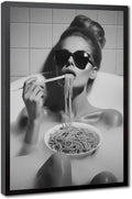 UXCBIA Woman Wearing Sunglasses Eating Spaghetti in Bathtub, Black And White, Funny Bathroom Poster Canvas Poster Bedroom Decor Sports Landscape Office Room Decor Gift Black Frame 24x36in(60x90cm)