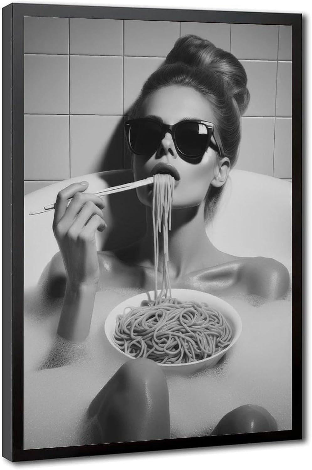 UXCBIA Woman Wearing Sunglasses Eating Spaghetti in Bathtub, Black And White, Funny Bathroom Poster Canvas Poster Bedroom Decor Sports Landscape Office Room Decor Gift Black Frame 24x36in(60x90cm)
