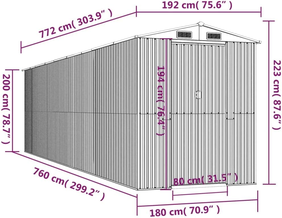 vidaXL Spacious Galvanized Steel Garden Shed, Light Brown - Durable Outdoor Equipment Storage Solution with Excellent Ventilation and Easy Entry Double Sliding Doors - 75.6'x303.9'x87.8'