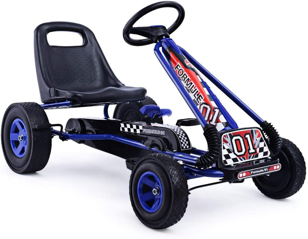 HONEY JOY Go Kart for Kids, 4 Wheel Quad Off-Road Pedal On Foot Go Cart w/Steering Wheels & Adjustable Seat, 2 Safety Brakes, EVA Tires, Clutch, Outdoor Racer Ride On Pedal Car (Blue)