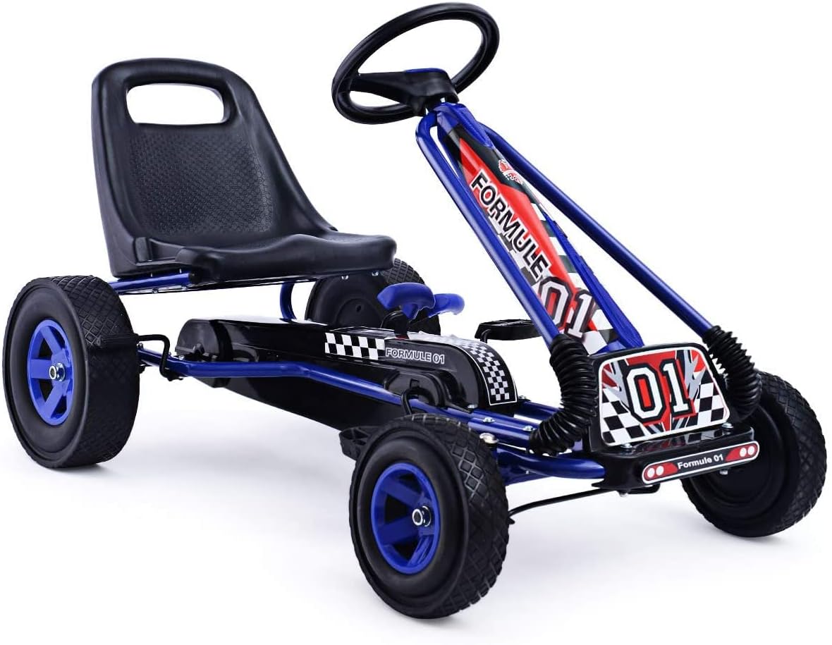 HONEY JOY Go Kart for Kids, 4 Wheel Quad Off-Road Pedal On Foot Go Cart w/Steering Wheels & Adjustable Seat, 2 Safety Brakes, EVA Tires, Clutch, Outdoor Racer Ride On Pedal Car (Blue)