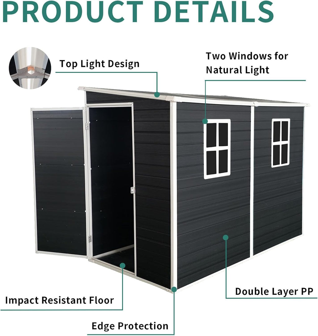 8x4FT Plastic Sheds & Outdoor Storage, Resin Shed with Floor, Plastic Storage Shed with Double Lockable Doors, Windows & Steel Frame, Lawn Mower Shed for Backyard/Garden Tools/Bike (8x4FT Single Door)