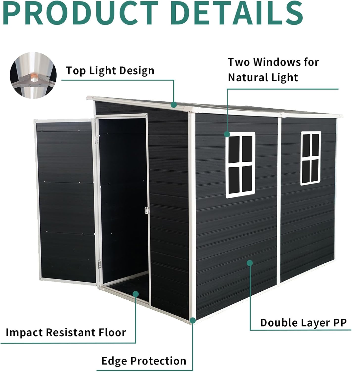 8x4FT Plastic Sheds & Outdoor Storage, Resin Shed with Floor, Plastic Storage Shed with Double Lockable Doors, Windows & Steel Frame, Lawn Mower Shed for Backyard/Garden Tools/Bike (8x4FT Single Door)