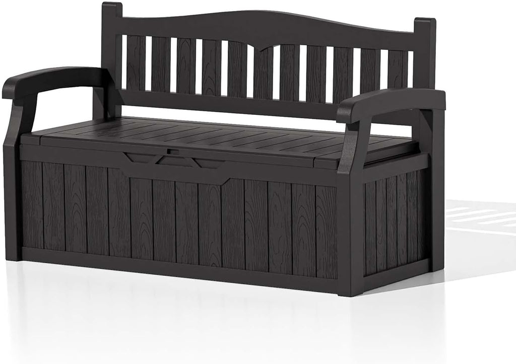 Patiowell 75 Gallon Plastic Storage Bench, Water-Resistant Deck Box for Patio Furniture, Garden Tools, Pool Storage and Outdoor Cushions, Black
