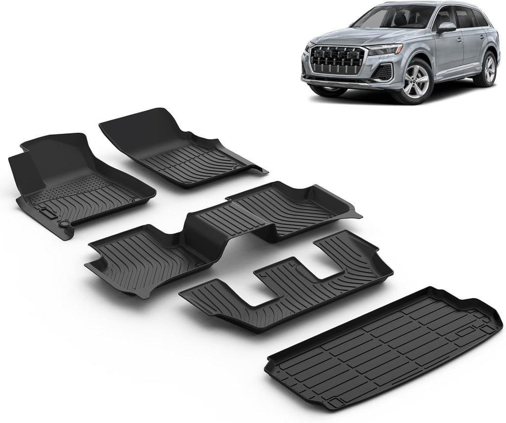 All Weather Car Floor Mats & Cargo Liner Set Fit for Audi Q7 / SQ7 7 Seats 2020 2021 2022 2023 2024 2025 2026 Floor Liners Trunk Liner Q7 Cargo Mat Accessories Black
