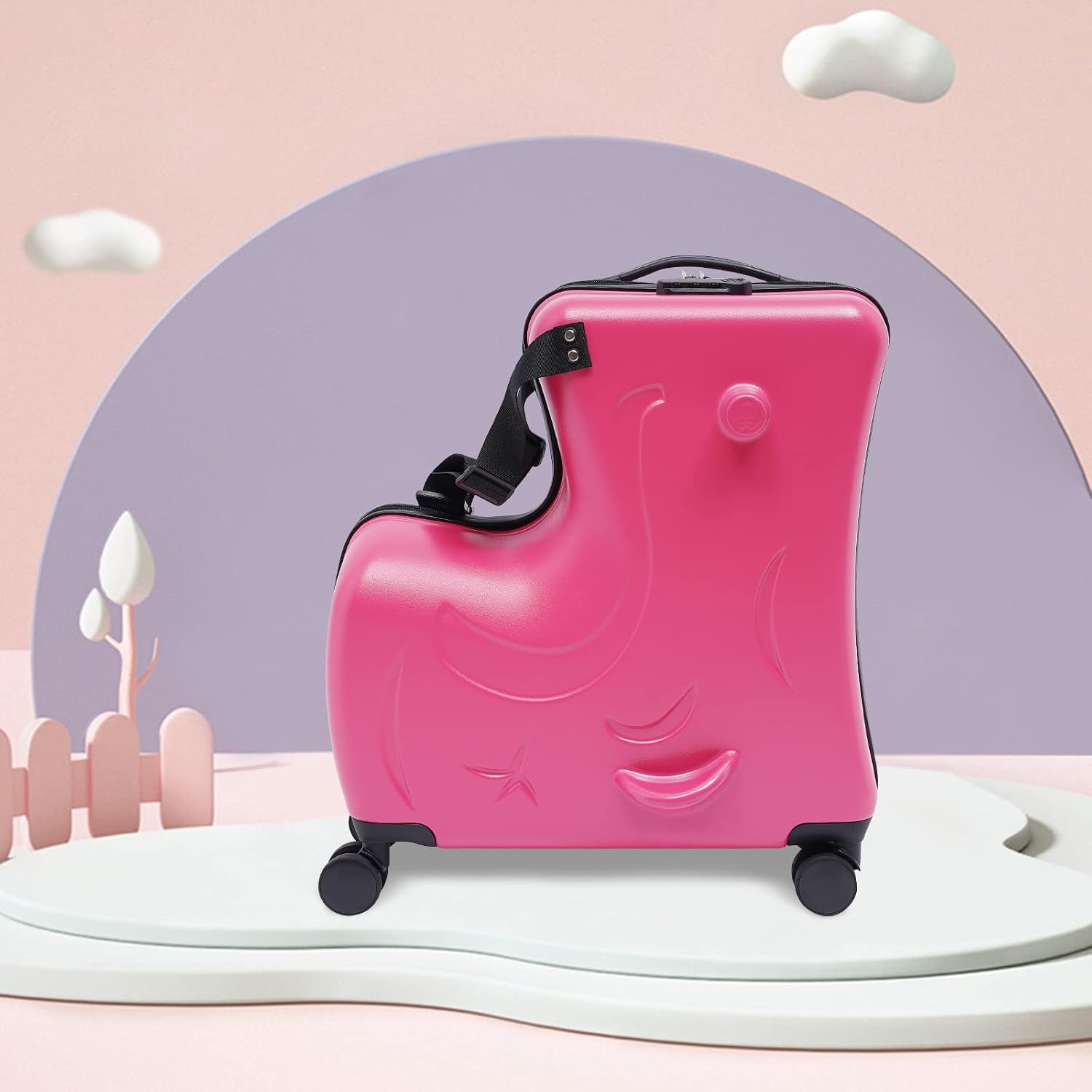 20Inch Kid Ride Suitcase, Kids Travel Suitcase with Lock & Safety Belt, Portable Children's Travel Trolley Case, Ride On Suitcase for Kids Aged 3-6 Years Old