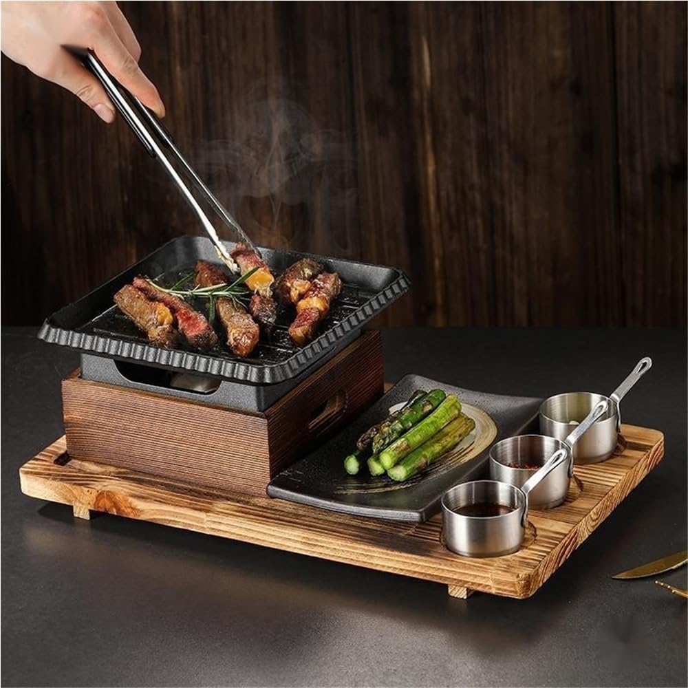 Compact Tabletop BBQ Grill Set with Wooden Stand, Portable Alcohol Barbecue Stove for Indoor Cooking, Outdoor Picnics, Camping, Small Parties(Medium)