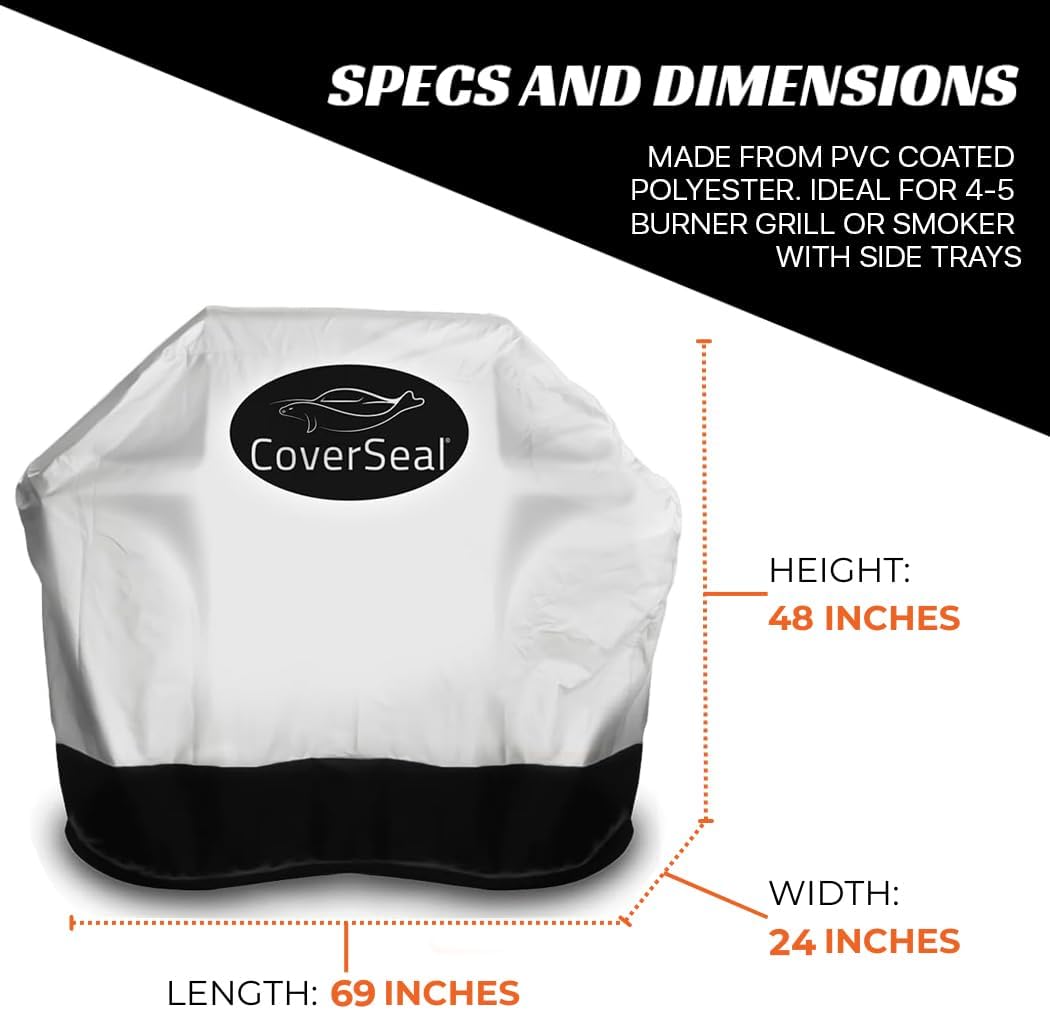 Large BBQ Grill Cover - Weather Resistant Outdoor Barbecue Apron for 4-5 Burner Grill with Side Trays - Compact Seal from Ground Up - Silver - 60 Inches L x 28in W x 48in H'
