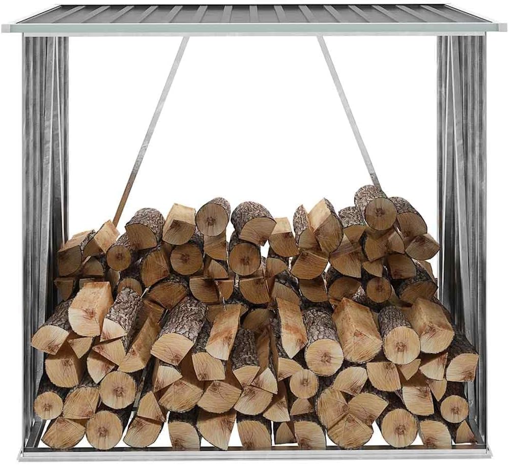 vidaXL Firewood Rack, Log Holder with Roof, Log Storage, Firewood Stand for Outdoor Backyard Garden Patio Porch, Gray Galvanized Steel 64.2'