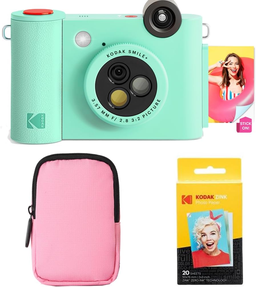 Kodak Smile+ 2-in-1 Digital Instant Print Camera & Wireless Bluetooth Photo Printer Starter Bundle + Soft Case + Zink 20pk Sticky-Back Photo Paper - 10MP, Special-Effect Rotating Lens - Green
