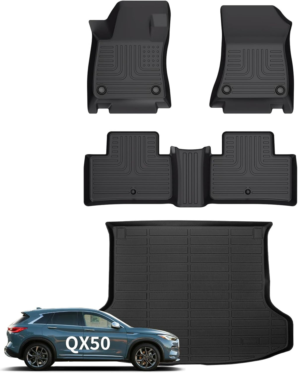 Wayhigh® Floor Mats & Cargo Liner for Infiniti QX50 2019-2025 All Weather TPE Car Mats Waterproof Heavy Duty Floor Liners Custom Fit for QX50 - Black