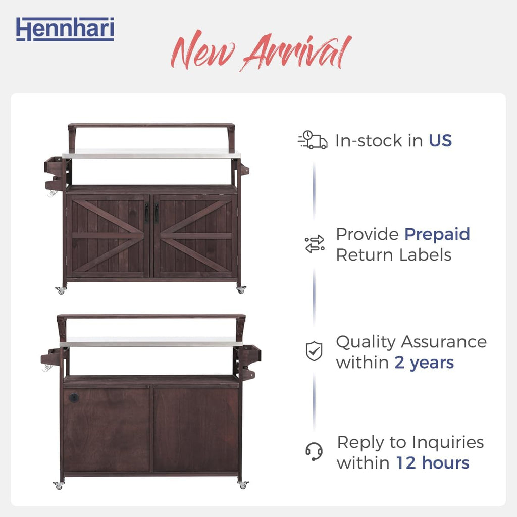 Outdoor Kitchen Island with Stainless Steel Top & Raised Shelf, Rolling Grill Cart with Spice & Towel Rack, Outdoor Island Table with Storage Cabinet & Hooks (Brown)