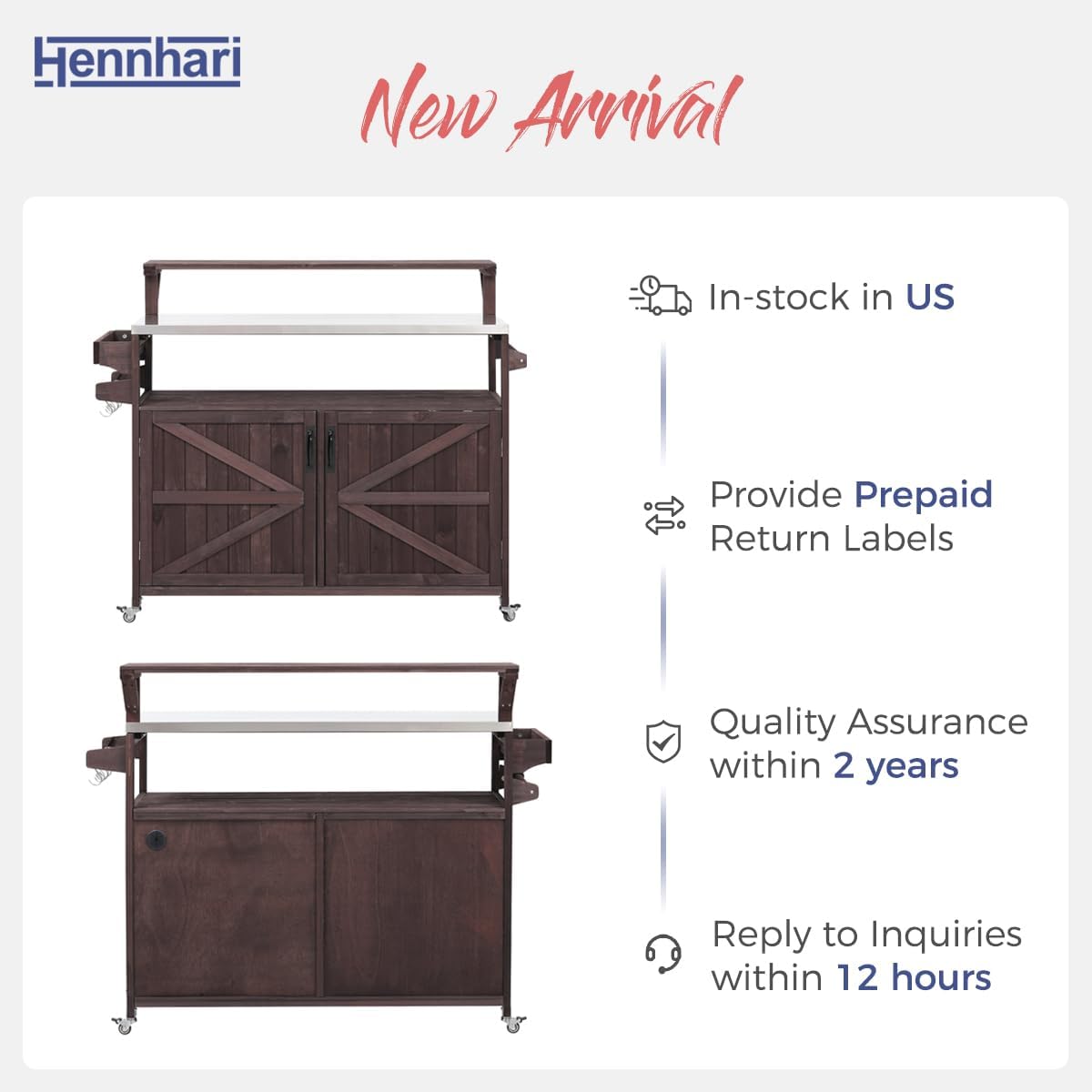 Outdoor Kitchen Island with Stainless Steel Top & Raised Shelf, Rolling Grill Cart with Spice & Towel Rack, Outdoor Island Table with Storage Cabinet & Hooks (Brown)