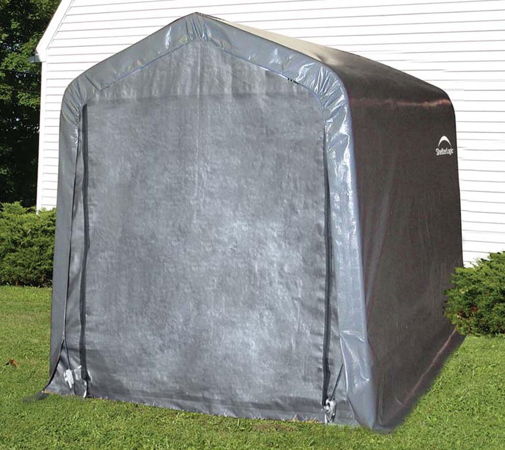 ShelterLogic 6' x 10' x 6' Shed-in-a-Box All Season Steel Metal Peak Roof Outdoor Storage Shed with Waterproof Cover and Heavy Duty Reusable Auger Anchors