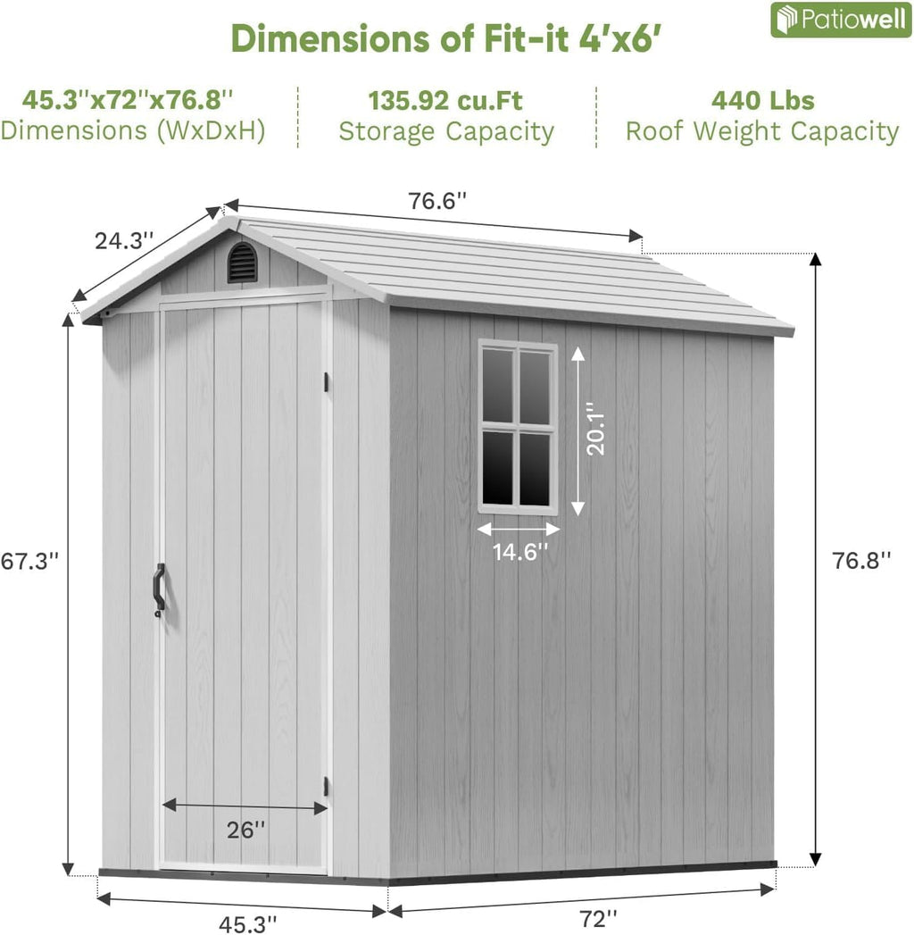 Patiowell 4 x 6 FT Resin Storage Shed with Floor, Outdoor Plastic Garden Shed with Lockable Door & Window, Easy Assembly Tool Shed for Backyard, Light Gray