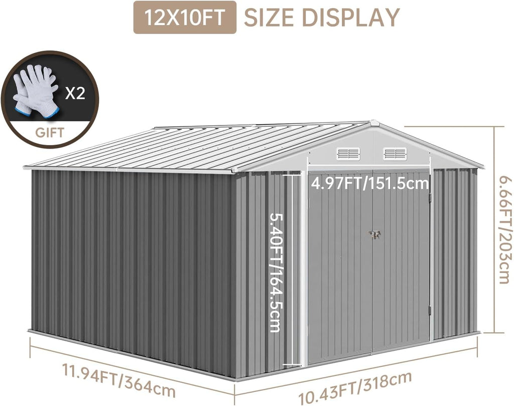 GarveeLife 12x10 ft Outdoor Storage Shed, Large Steel Multipurpose Yard Shed, Metal Outdoor Tool Shed with Sloped Roof and Door Lock Design for Organizing Tools & Equipment in Yard, Garden, Grey