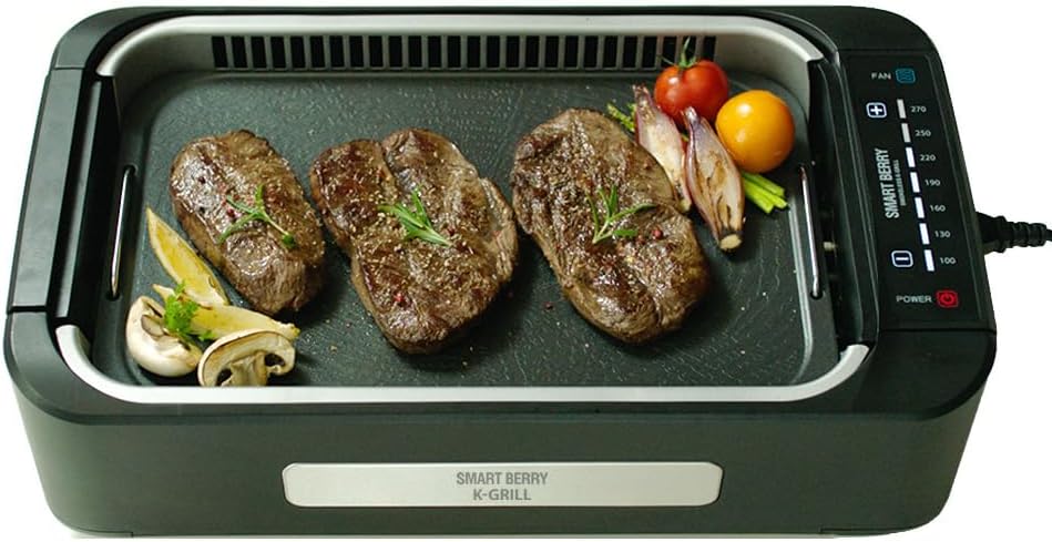 SMART BERRY 3 in 1 Smokeless Electric Indoor Grill, Nonstick Grill/Griddle Plates, Jjamjjapan, Glass Lid, Portable Korean BBQ Grill with 7-Level Control (Jjamjjapan set Black)