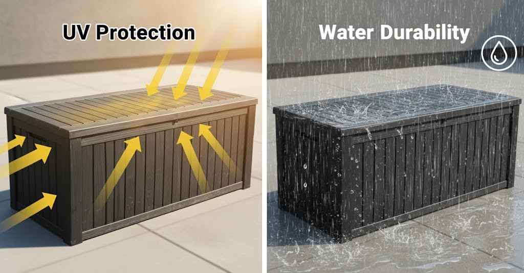 BTEXPERT 150 Gallon Outdoor Storage Container Deck Box with Metal Support Rods for Patio Furniture Garden Tools Cushions Waterproof Lockable UV Resistant Resin