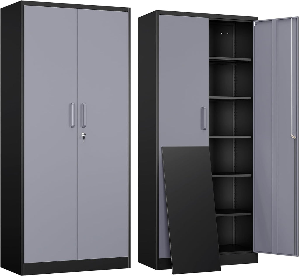 Yizosh Metal Garage Storage Cabinet with 2 Doors and 5 Adjustable Shelves - 71' Steel Lockable File Cabinet,Locking Tool Cabinets for Office,Home,Garage,Gym,School (Gray Black)