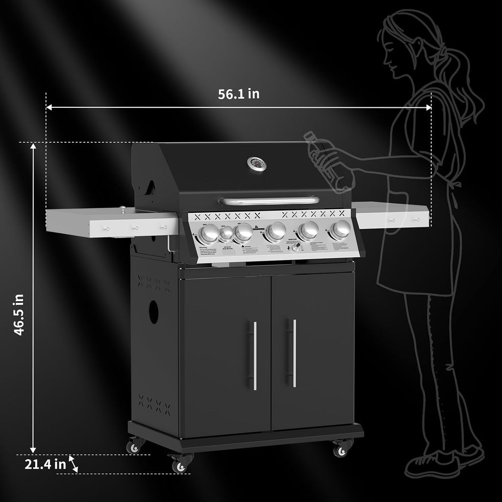 Propane Gas Grill, 5+1 Stainless Steel Barbecue Grill with Infrared Side Burner for Outdoor Cooking