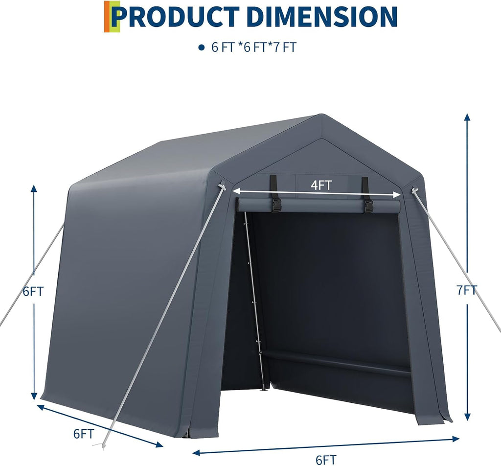GarveeHome 6x6 FT Portable Outdoor Storage Shed with Roll-Up Zipper Door & Vent, 240G Heavy-Duty Shelter Waterproof PE Tarp, UV-Resistant Carport for Motorcycle, Firewood, Tools -Gray