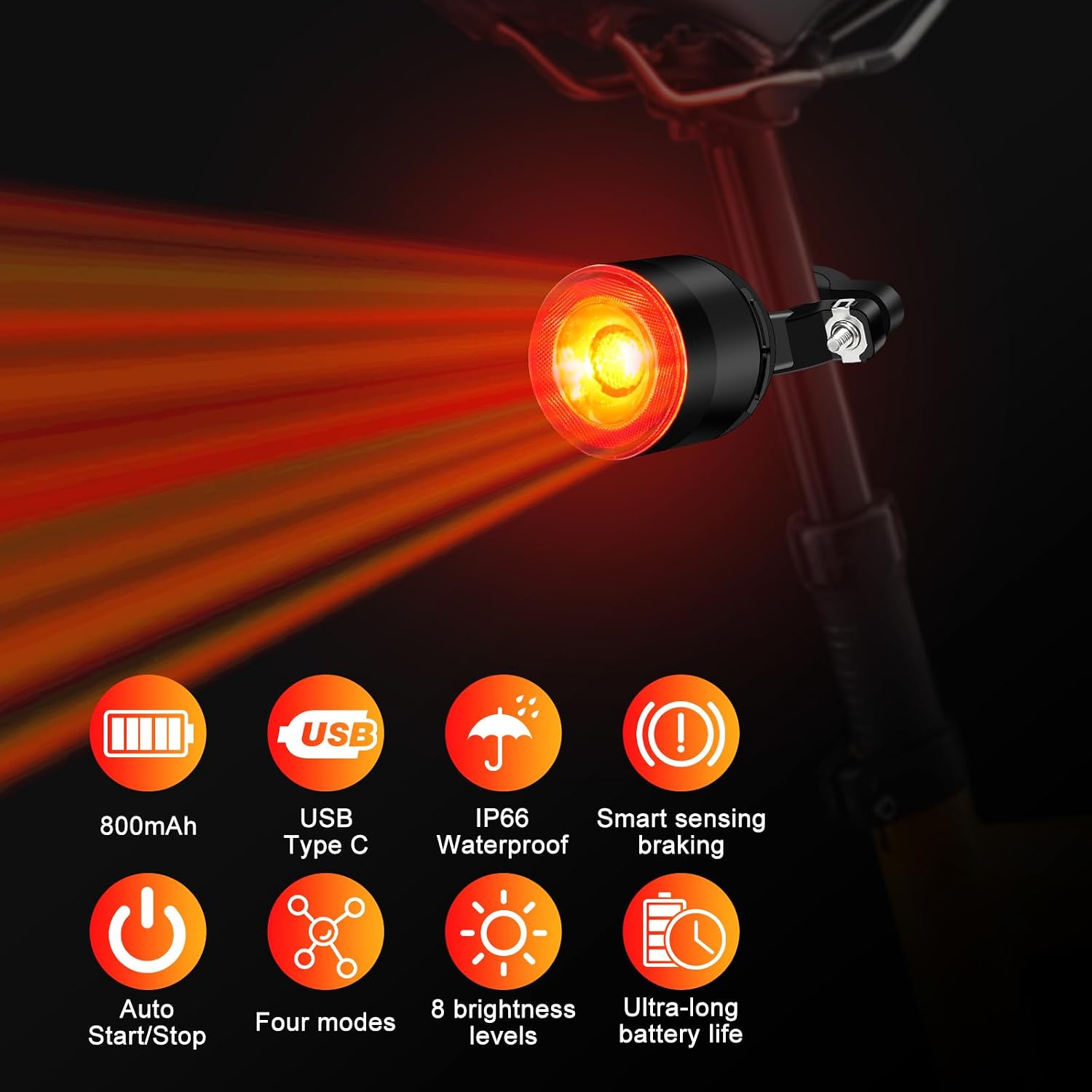 USUPERINK Rear Bike Light Rechargeable,Smart Brake Sensing Bike Tail Light,4 Light Modes 8 Brightness Levels220°Angle,Up to 300 Lumens, Waterproof Safety Road Back Bicycle Lights for Night Riding,30PK