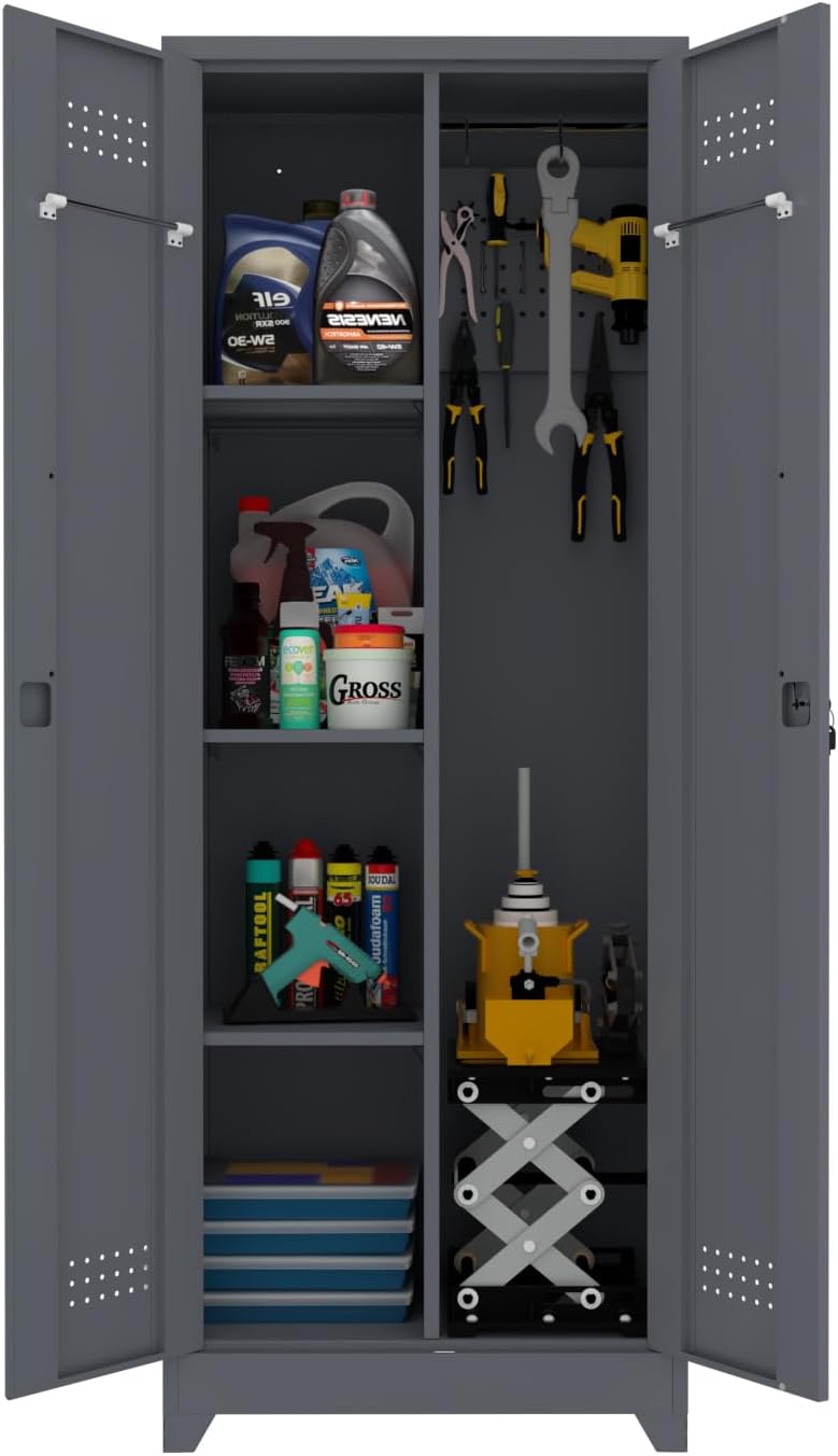 65' H Metal Storage Cabinet,Broom Closet Storage Cabinet with Adjustable Shelves,Locking Steel Cabinets with Pegboard and Hanging Rod,Utility Closet for Brooms and Mops,Grey