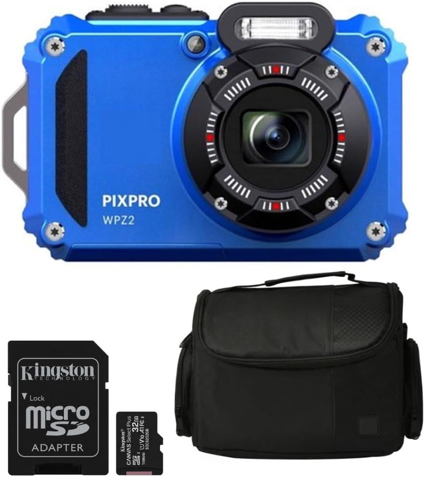 Kodak PIXPRO WPZ2 Rugged Waterproof 16MP Digital Camera with 4X Zoom (Blue) Bundle with Case and 32GB MicroSD Card Bundle (3 Items)