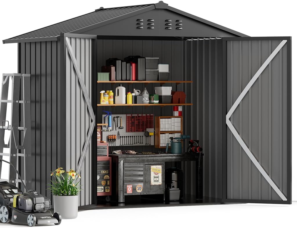 COMHOMA Shed Outdoor Storage Shed Metal,Lockable Doors Tool Sheds with Sloping Roof,Steel Garden Shed with Air Vent for Backyard,Patio,Lawn,Poolside(Grey,6'x4')