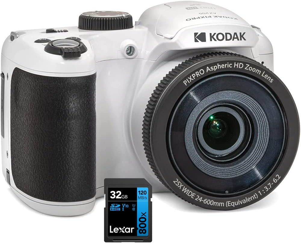Kodak AZ255-WH PIXPRO Astro Zoom 16MP Digital Camera 25X Optical Zoom White Bundle with Lexar 32GB High-Performance 800x UHS-I SDHC Memory Card Blue Series