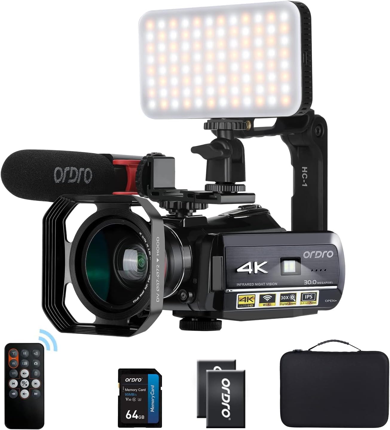 ORDRO UHD 4K Video Camera IR Night Vision Vlogging Camera for YouTube Digital Zoom Recorder with Microphone, Wide Angle Lens, LED Video Light, Handheld Stabilizer, Carrying Case,64GB Memory Card