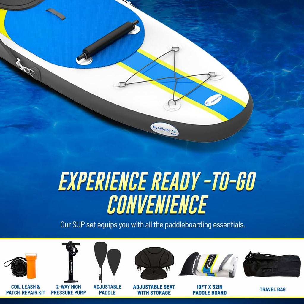 Blue Water Toys Inflatable Crossover Stand Up Paddle Board/Kayak Kit - Pump, Backpack, Coil Leash, Paddles, Detachable Seat, SUP 300 Pound Limit, 10 Feet by 32 Inches