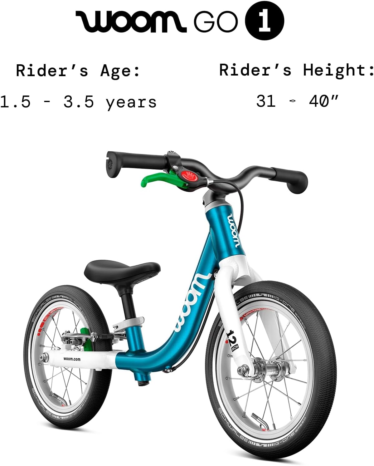 woom GO 1 & GO 1 Plus Balance Bike for Toddlers & Kids 18 Month to 4.5 Years Old, 12-Inch & 14-Inch Lightweight Bicycles for Boys & Girls