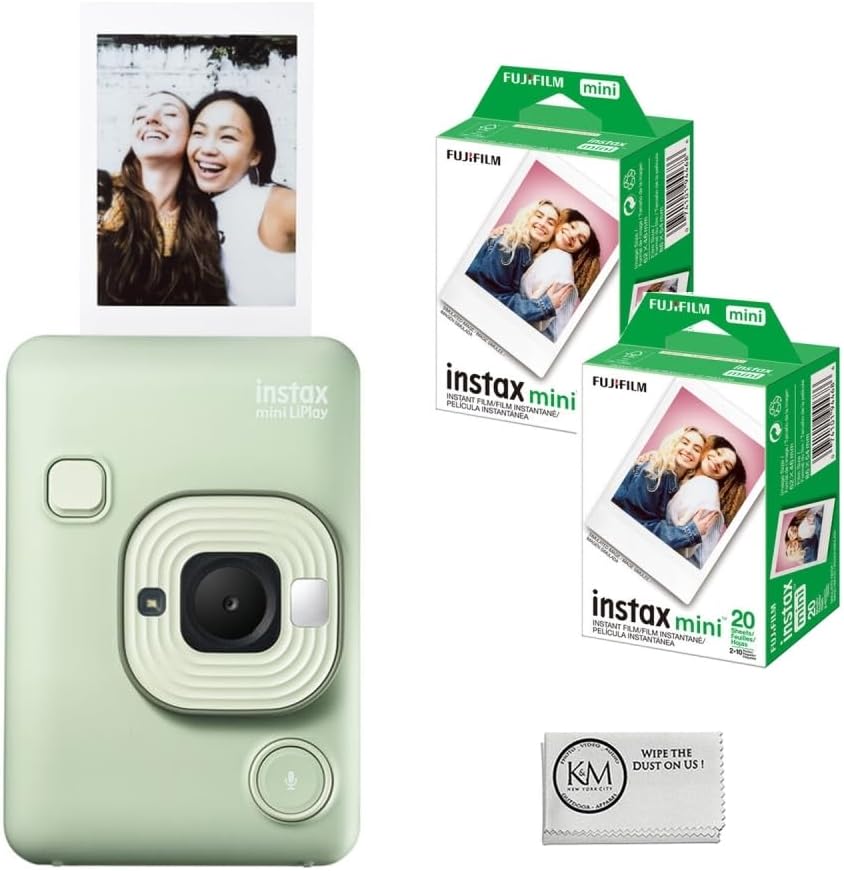 FUJIFILM INSTAX Mini LiPlay Instant Camera | Green Bundled with INSTAX Mini Instant Film | 40 Exposures + Cleaning Cloth (4 Items)