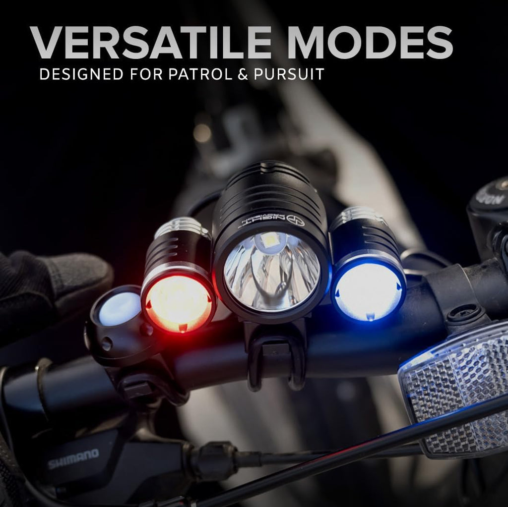 PS1200 Police Patrol Bike Light Set - Red/Blue Strobe LED - Rechargeable 18 Hr Max - Water Proof - 5 Modes - Heavy Duty Bicycle Lights for Professional Use