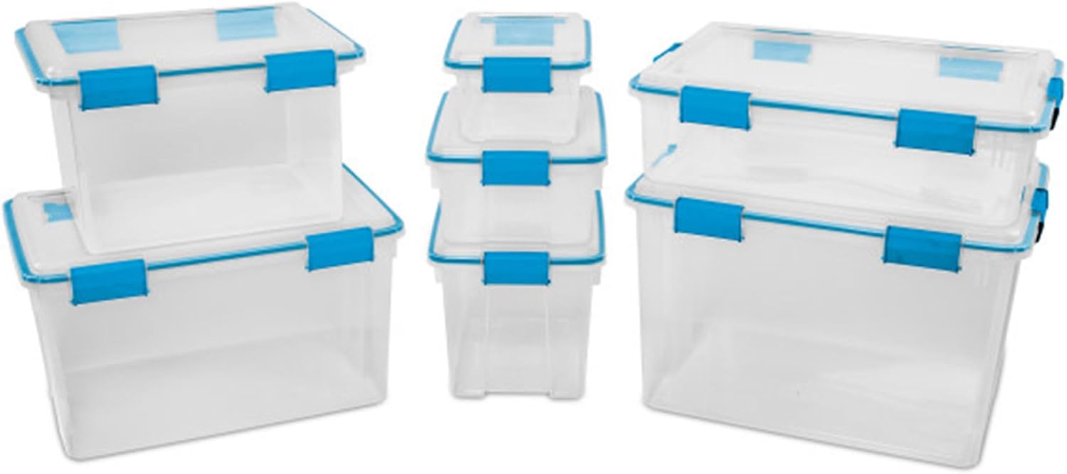 Sterilite 4-Pack 54 Quart Gasket Box, Home Storage Organizer Bins with Lids - Stackable Clear Plastic Containers for Bedroom, Bathroom, Garage, Basement, or Attic